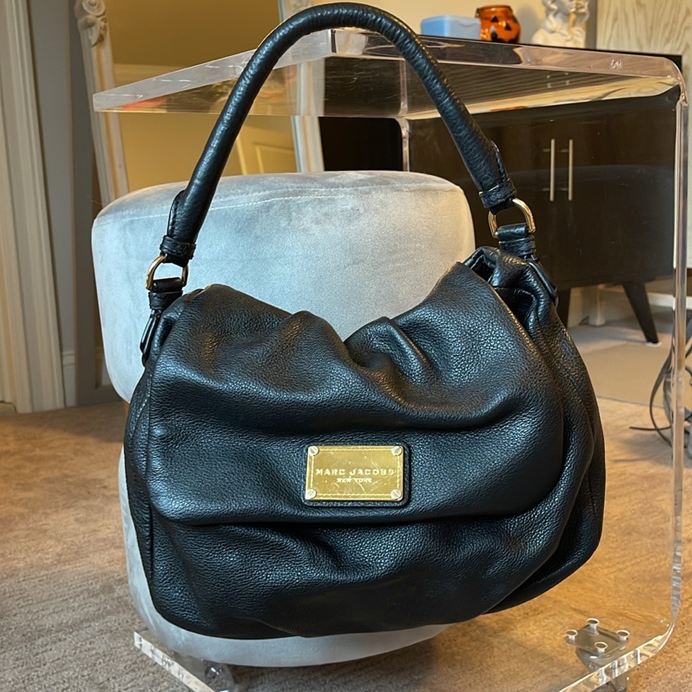 Marc Jacobs, black leather top handle satchel with Crossbody strap.